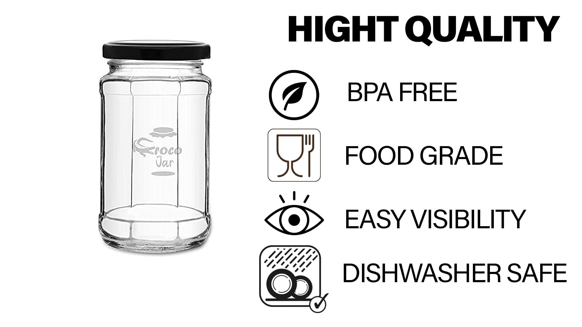 CROCO JAR Glass Jars and Storage Containers Air Tight Lid For Herbs, Foods, Jams, Liquid, Small Spice Jars - 500 Ml Glass Pickle